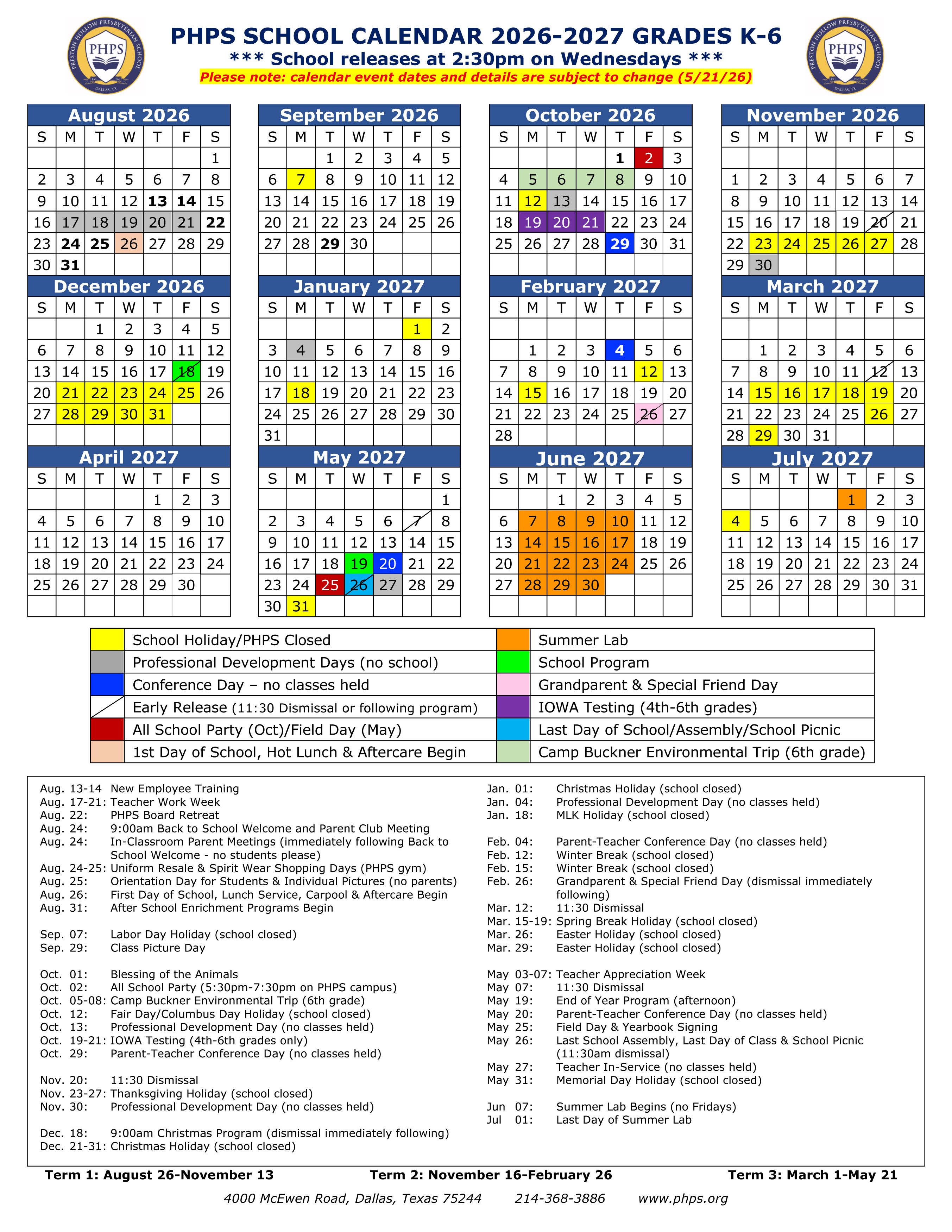 Year at a Glance - Preston Hollow Presbyterian School